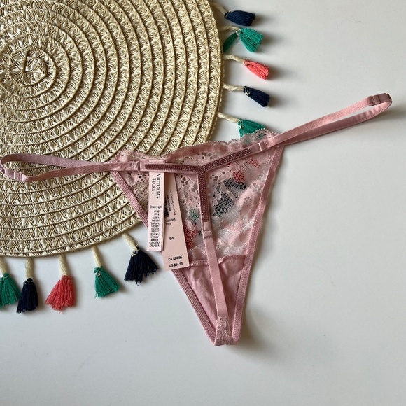 Victoria's Secret Twinkle Strap Lace V-String Panty Chalk Rose Large NEW - Picture 4 of 7